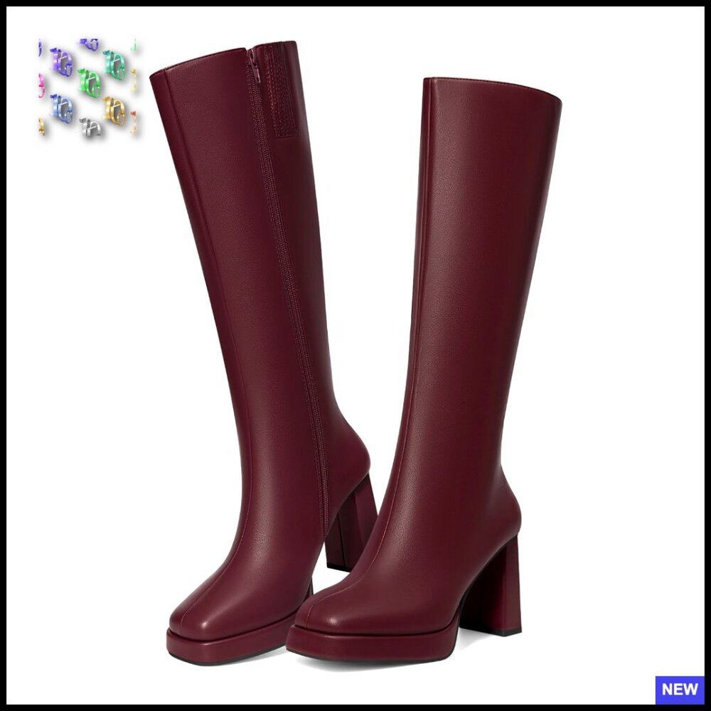 Knee High Platform Boots Chunky Heel Square Toe Side Zipper Gogo Style